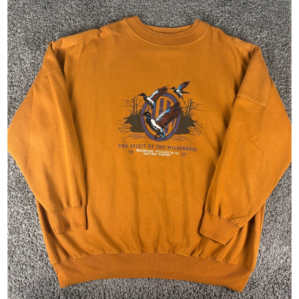 Vintage 90s Northwest Territory Duck Wilderness Graphic Sweatshirt Orange 3X